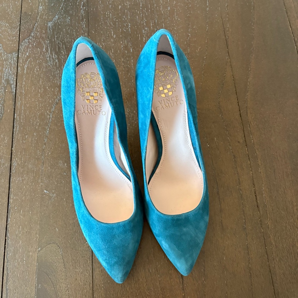 Vince‎ Camuto Cynthea Turquoise Teal Suede Leather Heels Pumps Size 9 - Picture 4 of 12